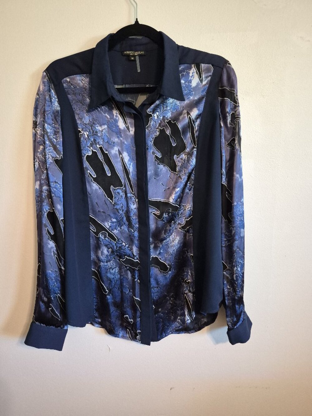 Alberto Makali New York Silk Blend Artsy Sheer Collard Button Up Blouse M